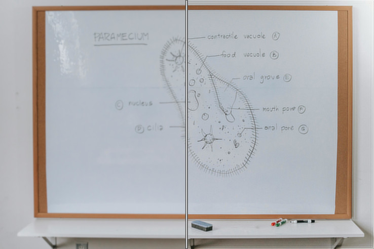 Before and after comparison: blurry whiteboard on the left, restored sharp version on the right